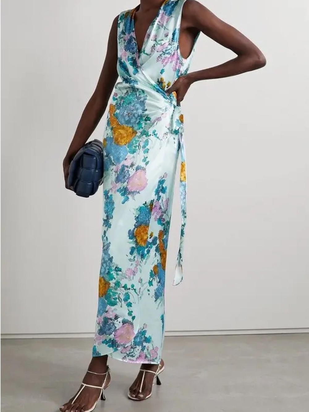 Vince Floral Satin Wrap Maxi Dress in Light Blue